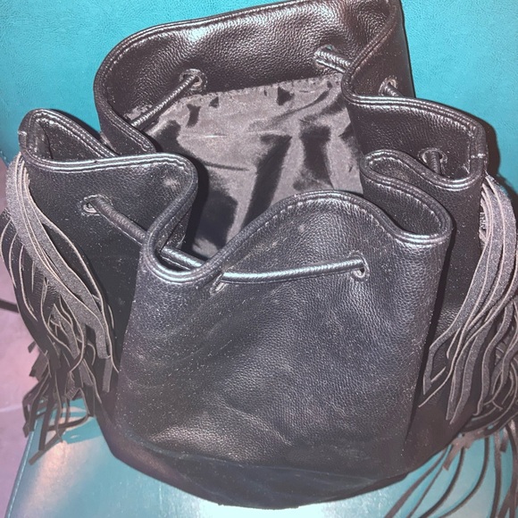 NEW Victoria's Secret Black Faux Leather Backpack Fringe Purse Boho Bag - Picture 6 of 9